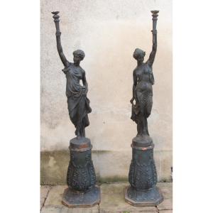 Pair Of 19th-century Cast Iron Torchères, L. Gasne Foundry In Tusey