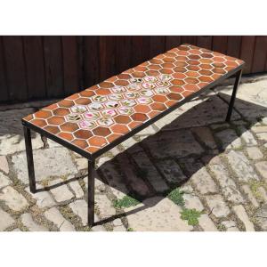 Coffee Table By Roger Capron With Flowers And Terracotta Tiles