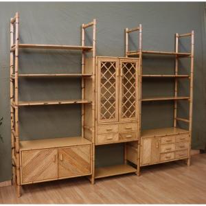 Large Bookshelf In Rattan And Bamboo 60's Italy