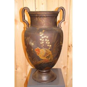 Large Terracotta Vase From Toul And Majorelle In XIXth Japanese Lacquer 71 Cm In Height