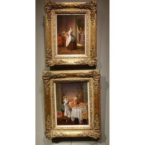 Pair Of Genre Scenes In The 18th Century, Pt Van Wijngaerdt, 1816-1893