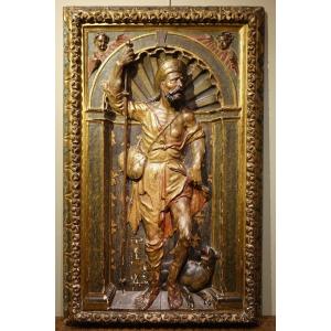 Mid-relief In Gilded And Polychromed Wood, Representing Saint-roch. Spain, 16th C.