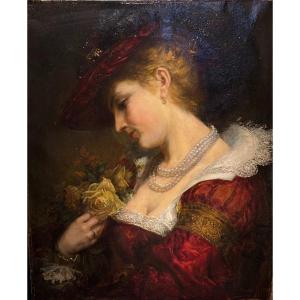 Portrait Of A Young Woman Holding A Bouquet Of Roses. A.brasch 1901