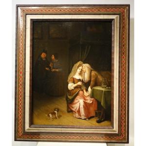Gallant Scene, Oil On Panel Attributed To Van Mieris, 17th C.