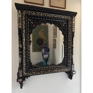 Mirror In Blackened Wood, Bone And Mother-of-pearl, India, 19th Century.