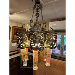 Gilt Copper Chandelier With Painted Glass Stems, Egypt Or Syria, Circa 1900