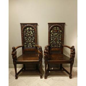 Two Neo-renaissance Walnut Armchairs, France, Circa 1870