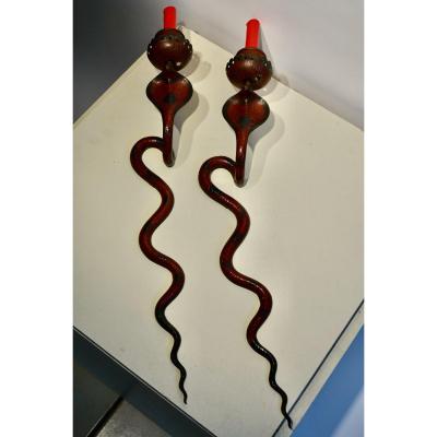Pair Of Two Bronze Enamel Wall Sconce, Representing Cobras ,england,19e S.
