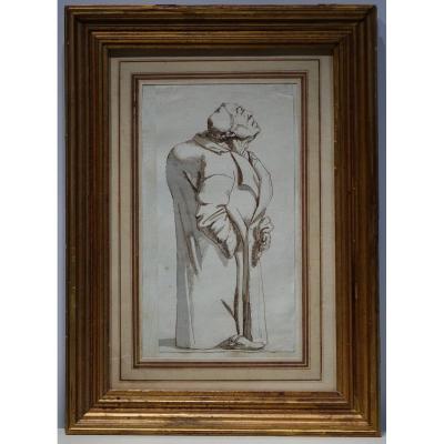 Drawing In Brown Ink Representing A Hunchback, Attributed To Ghezzi, Rome, 18th C.