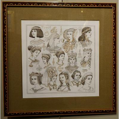 Portraits Of 14 Queens Or Empresses, Brown Ink And Sepia, Signed Herouard, Around 1925.