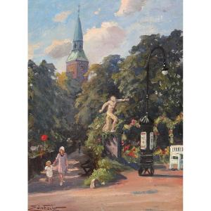 A Park With The Sculpture Of The Borghese Gladiator, Edmund Fischer, Oil On Canvas, 