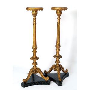 Pair Of Torches, 19th Century, Carved And Engraved, Marbled Wood Base