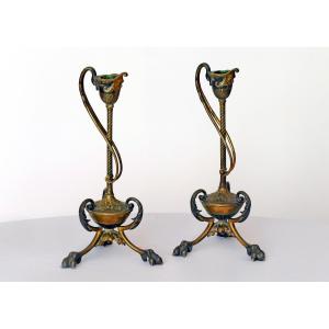 Pair Of Grand Tour Candlesticks, Copy Of Those From Pompeii And Herculaneum, Bronze