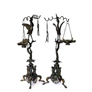 Pair Of 19th Century Pompeian-style Oil Lamps 