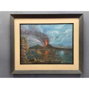 Night View Of The Eruption Of Vesuvius, Naples, Mid-19th Century, Gouache
