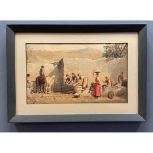 Village Scene In Naples, Mid-19th Century, Watercolor 