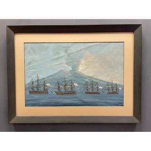 British Royal Navy, Ships Of The Line, In Front Of Vesuvius, Early-19th Century, Gouache