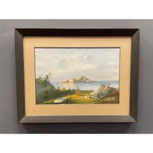 19th-century Gouache, Rocky Islet Off The Coast, Italian Mediterranean