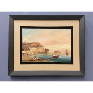 19th-century Port Scene With Fishermen, Italian Mediterranean Coast, Gouache