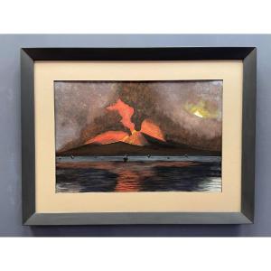 19th-century Gouache, Giutti - Vesuvius Erupting At Night