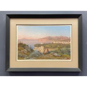 19th Century Gouache, View From Agropoli Towards Vesuvius