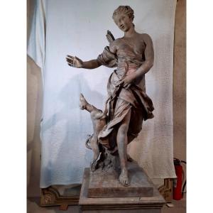Terracotta Sculpture "diana The Huntress" From The 19th Century, After René Fremin