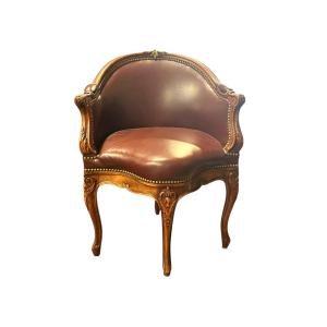 19th Century Office Chair In Walnut With Leather Upholstery In The Louis XV Style.