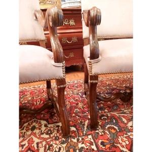 Pairs Of Louis XIV Period Armchairs In Walnut, Genoese.