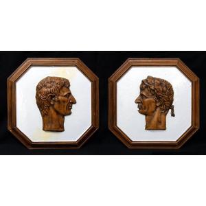 Imposing Pair Of Hexagonal Frames In Enamelled Ceramic Representing Two Different Portraits