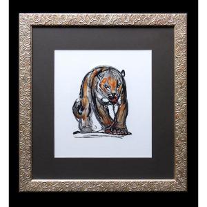 Paul Jouve - 1931 Colored Woodcut Depicting A Hunting Tiger