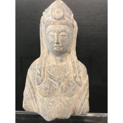Fragment Of Stele Representing A Bust Of Bodhisattva In Carved Stone