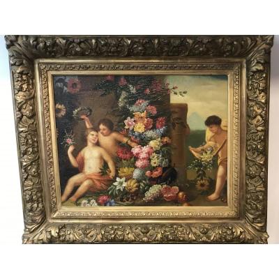 Putti Painting With Flowers / Oil On Canvas