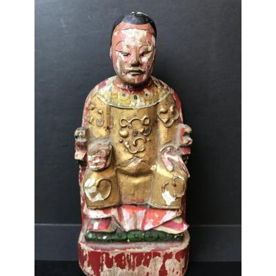 Chinese Dignitary In Golden And Polychrome Wood XIX Eme