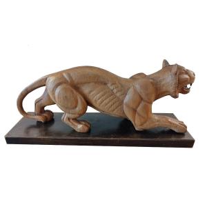 Large Wooden Lioness Sculpture