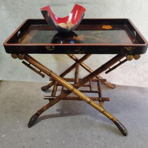 Folding Bamboo Table With Lacquered Top, Late 19th Century In The Manner Of Perret & Vibert