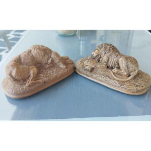 2 Limestone Subjects, Representing The Lion Of Lucerne, And A Borzoi Greyhound