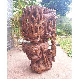 Asian Architectural Element In Carved Pine With Foo Dog Decoration