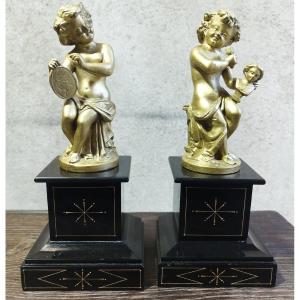 Pair Of Cherubs In Gilded Spelter With Marble Base