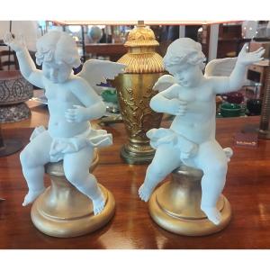 Pair Of Biscuit Porcelain Cherubs, Capodimonte