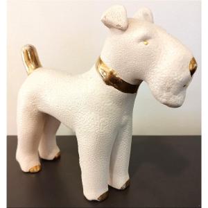 Large Art Deco Fox Terrier In Crisp Earthenware Enhanced With Gold, Attributed To Vinsare, Sèvres