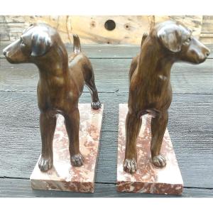 Large Pair Of Art Deco Spelter Dogs On Marble Base
