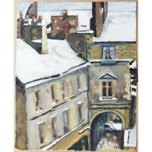 Roofs Under The Snow, Gouache On Paper From The 1960s