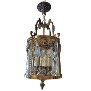 Pair Of 20th-century Brass And Cut Crystal Hanging Lanterns