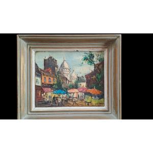 20th-century Oil On Canvas Painting Depicting The Place Du Tertre In Montmartre.