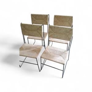  4 Dining Chairs From The 1960s, Black Metal And Natural Wicker.