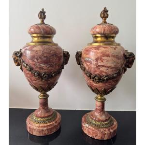 Pair Of Napoleon III Cassolettes, Bronze And Marble, Urn, Rotten Pots