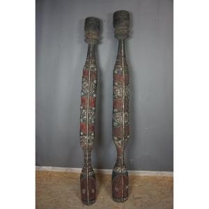 Pair Of Large African Sculptures In Polychromed Wood, 205 Cm High