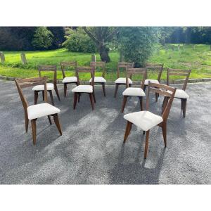 Guillerme And Chambron, Suite Of 10 Oak Chairs, Seats Redone In Wool, Circa 1960/1970