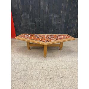 Guillerme Et Chambron, Rare And Large Coffee Table In Oak And Enamelled Lava Circa 1970