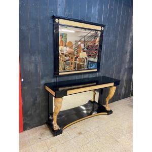 Console And Its Neoclassical Mirror In Golden And Lacquered Wood, Circa 1950